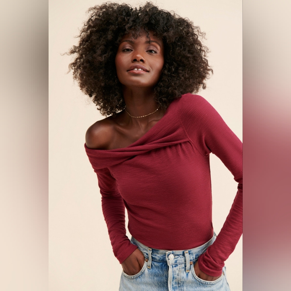 Free People We The Free Addie Layering Lomg Sleeve Ribbed Shirt Top XL in Wine - Picture 6 of 11